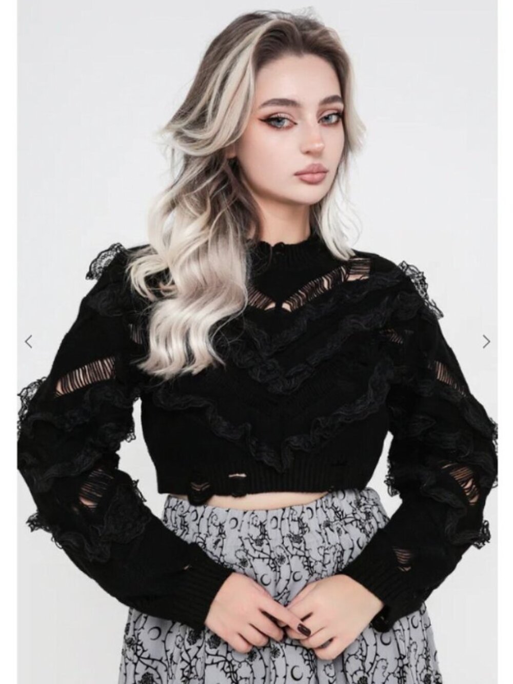 DISTURBIA Volla lace ruffle distressed knit cropped sweater
